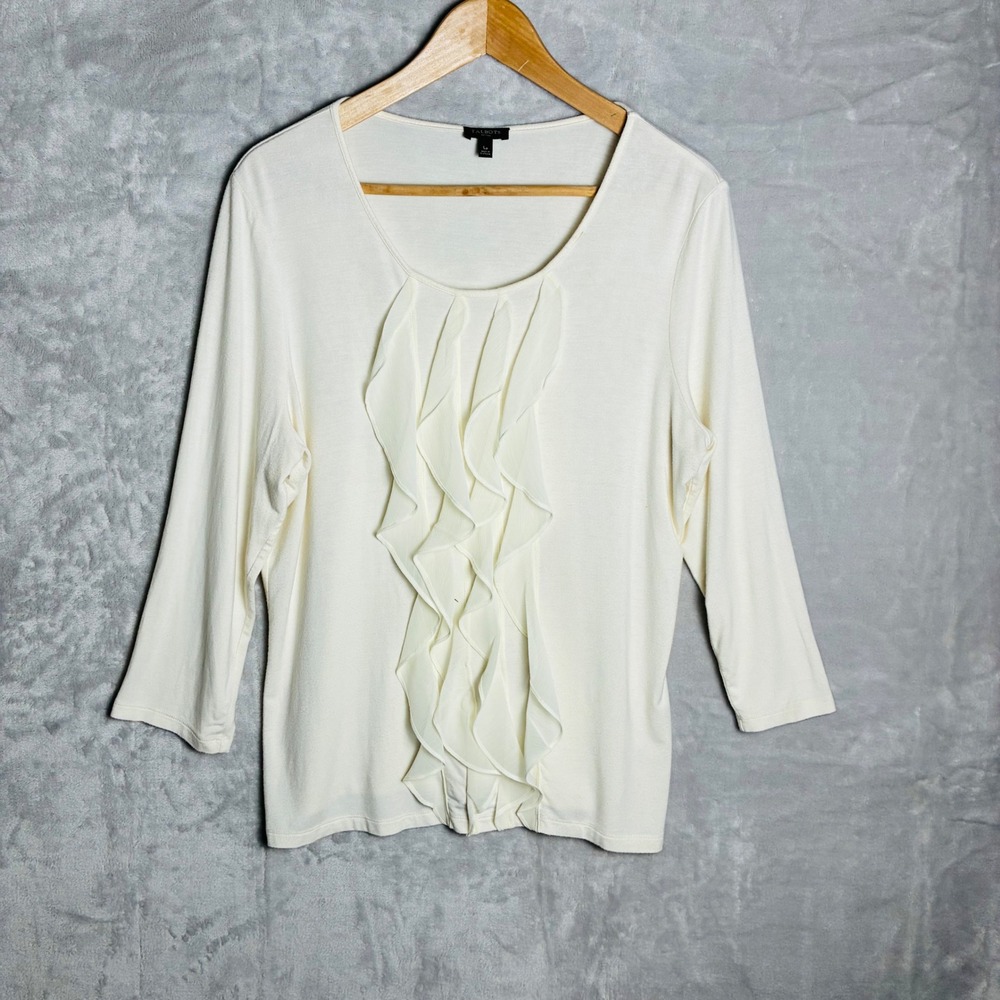 Talbots Petites Cream Ruffle Front Top Sleeve Scoop Neck Knit Blouse -0222